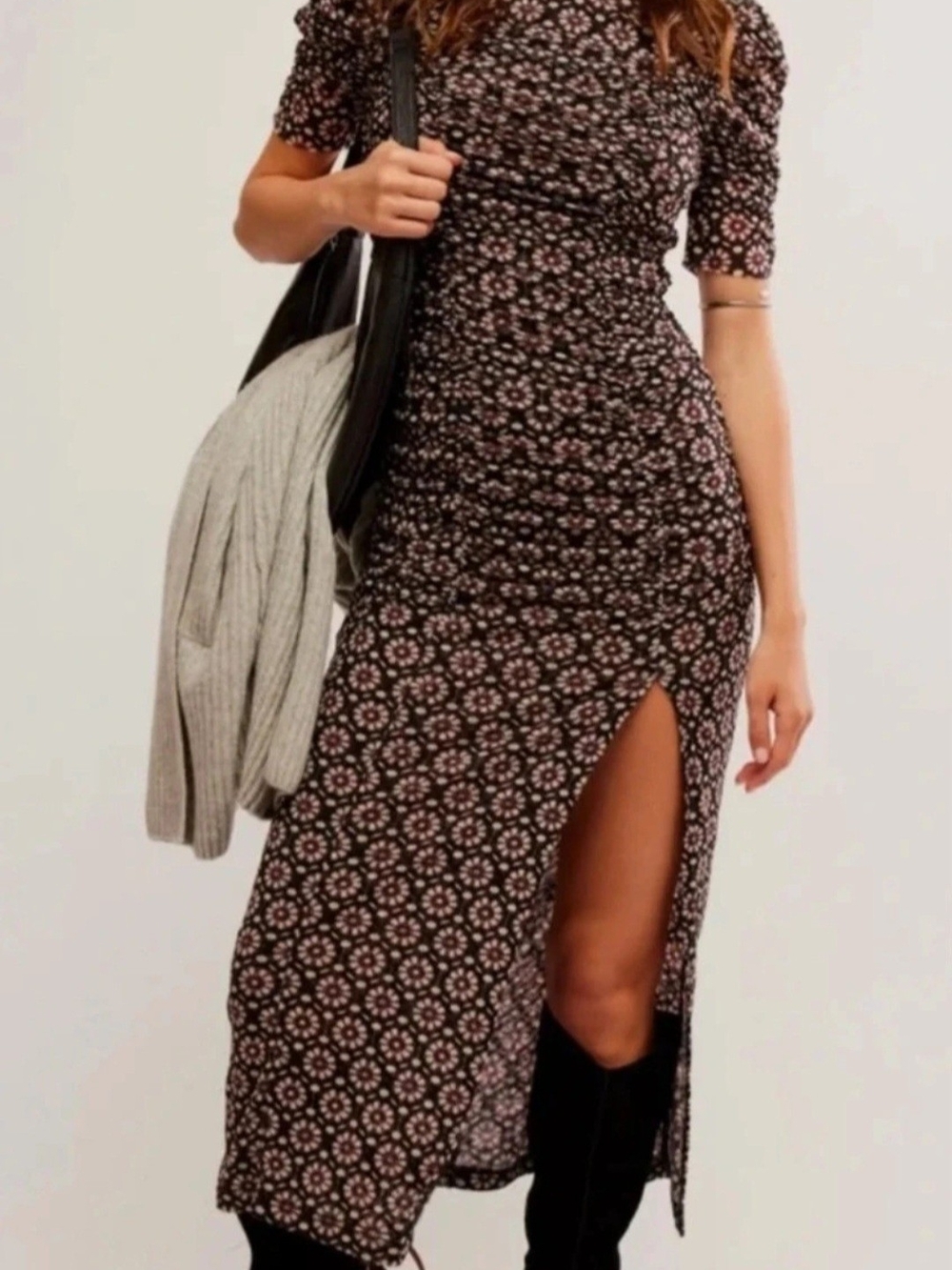 Floral Maxi Dress with Side Slit - Black with Pink Floral